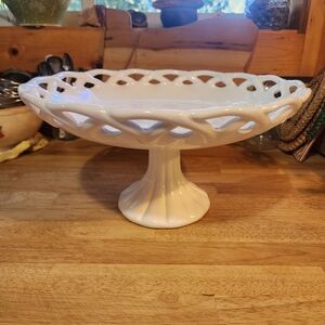 Vintage White Milk Glass Fruit Bowl on Pedestal Lattice Edge